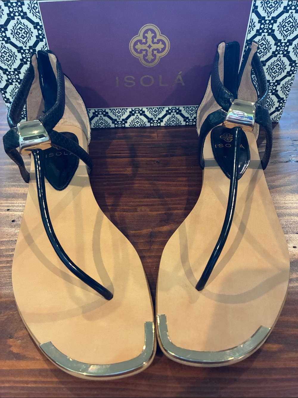 Isola Black Patent Thong Sandals with Gold Trim